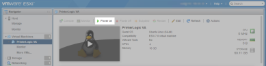 ESXi interface with the Power On button highlighted in the upper middle.